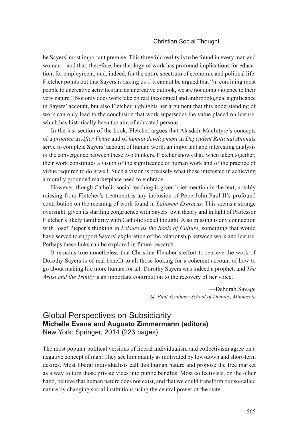 Global Perspectives on Subsidiarity Michelle Evans and Augusto Zimmermann (Editors) New York: Springer, 2014 (223 Pages)