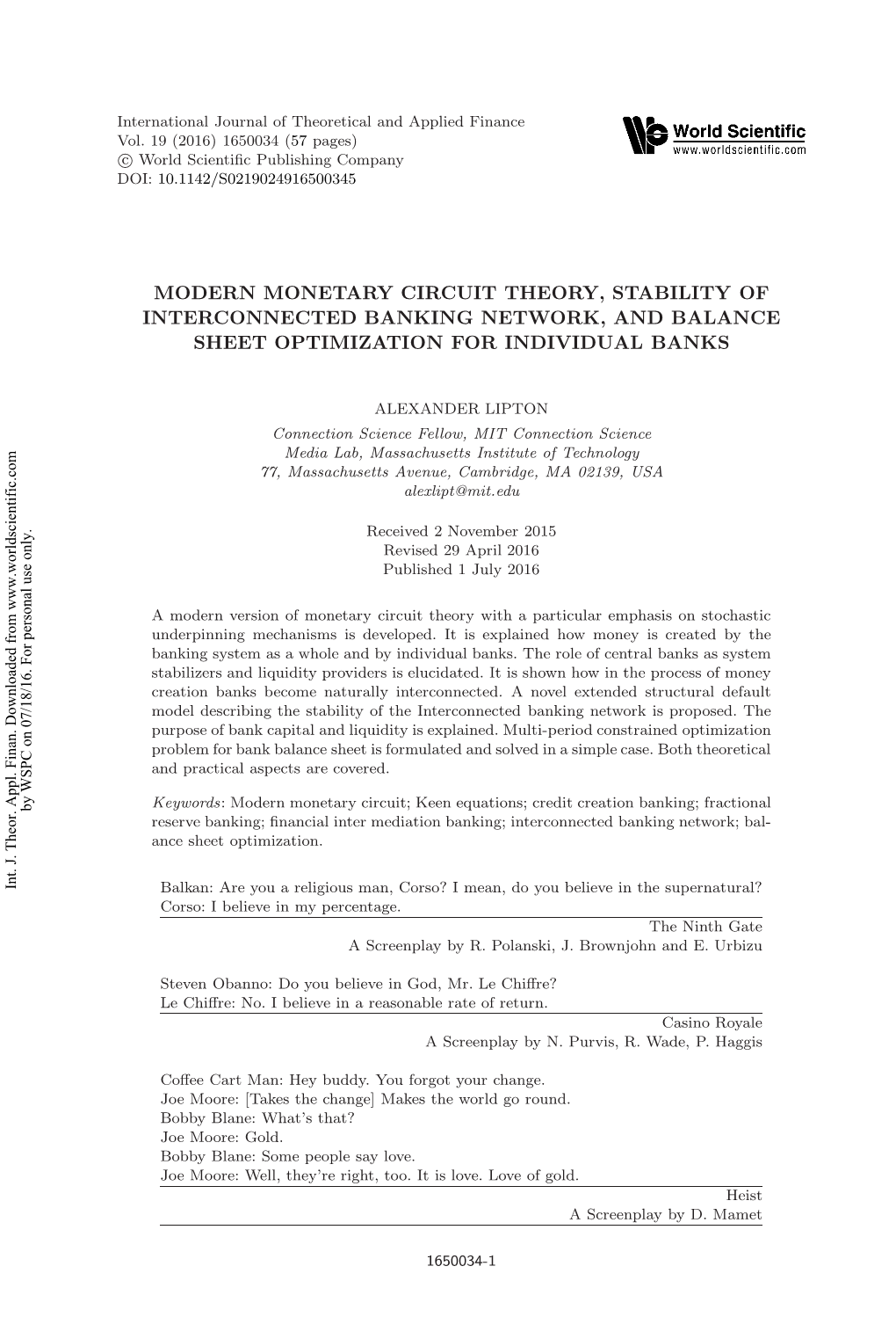 Modern Monetary Circuit Theory, Stability of Interconnected Banking Network, and Balance Sheet Optimization for Individual Banks