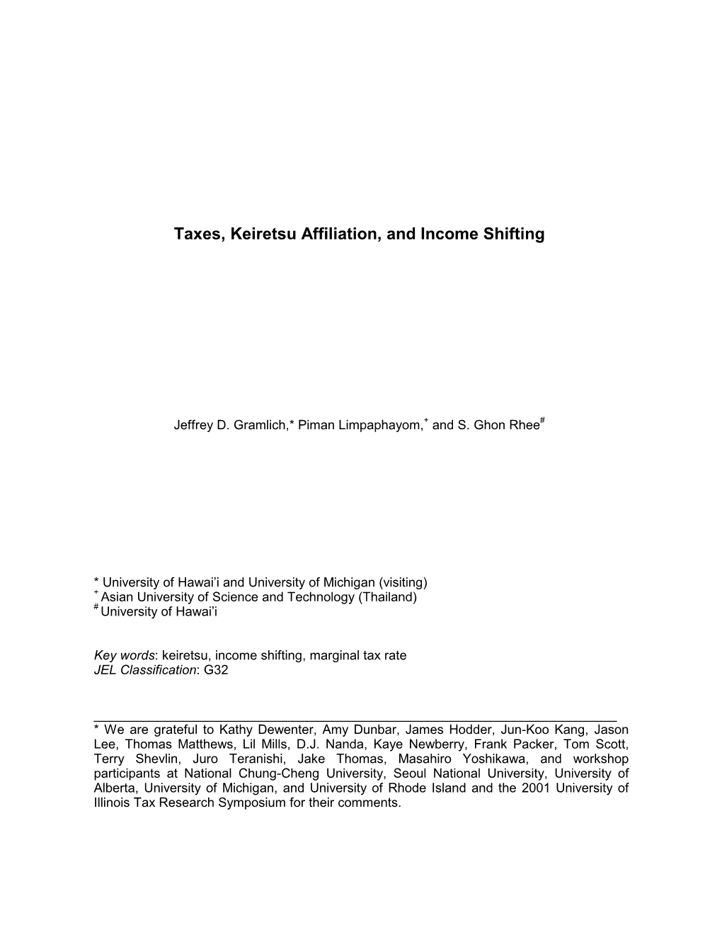Taxes and Horizontal Corporate Group (Keiretsu) Affiliation