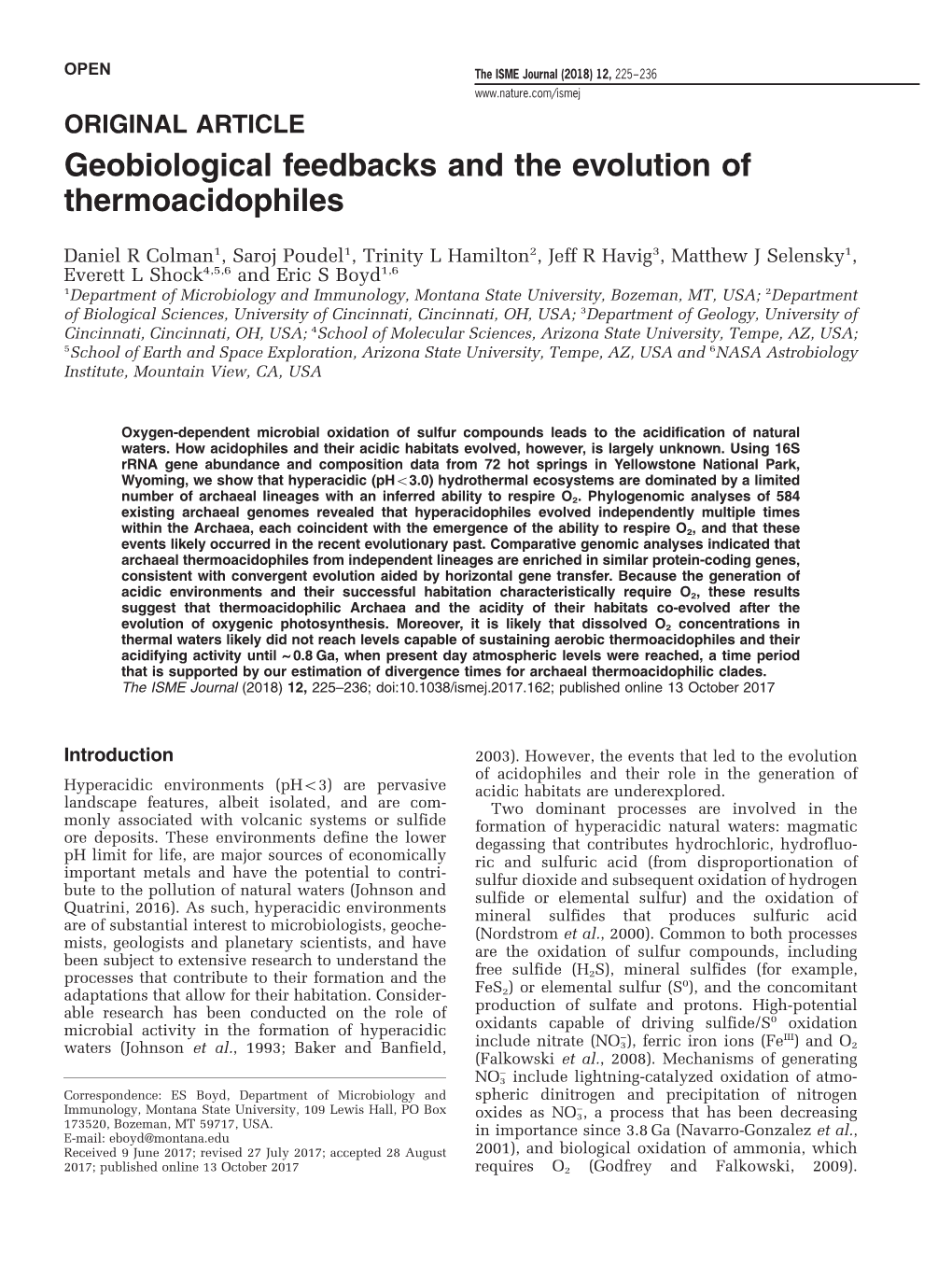 Geobiological Feedbacks and the Evolution of Thermoacidophiles