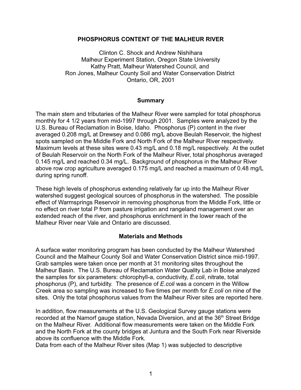 Phosphorus Content of the Malheur River