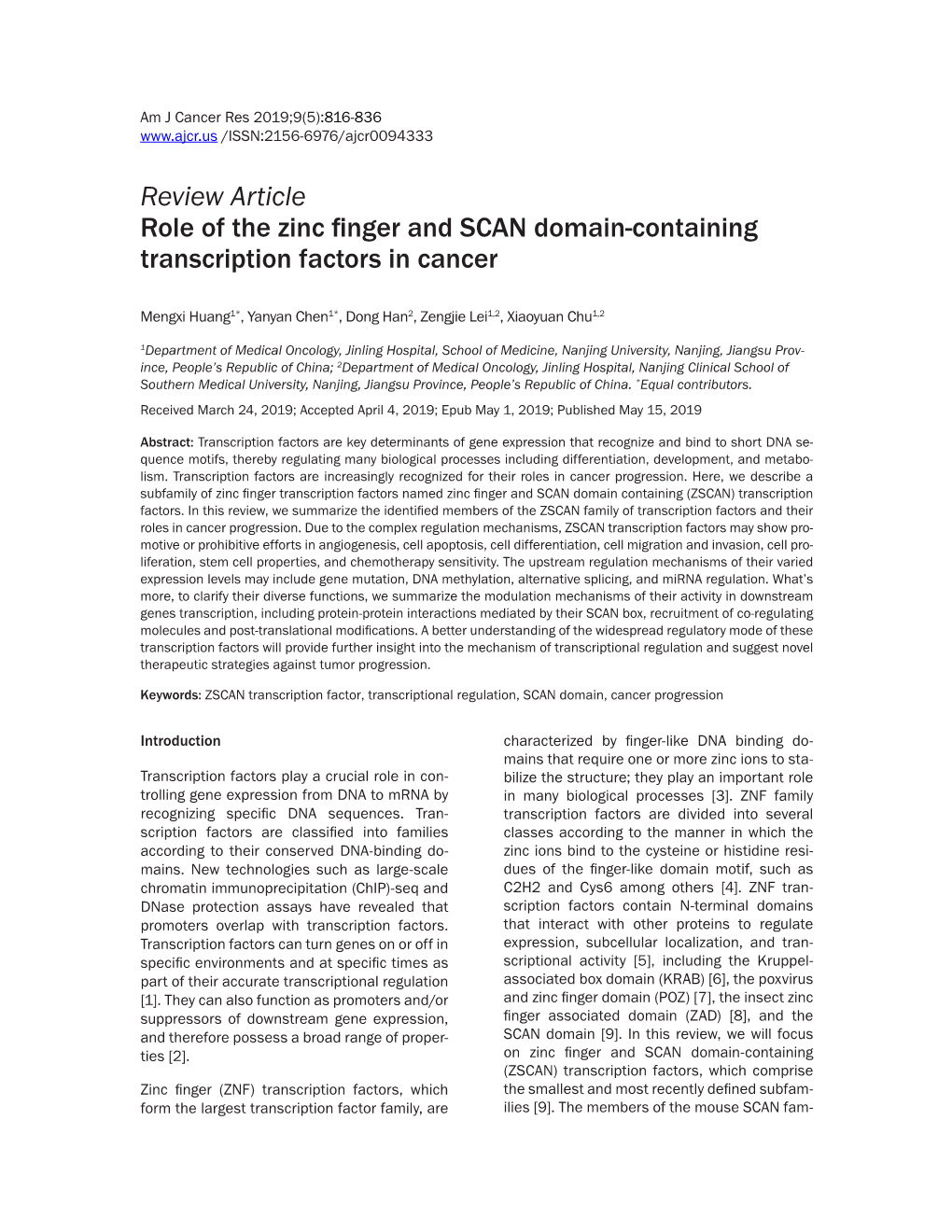 Review Article Role of the Zinc Finger and SCAN Domain-Containing Transcription Factors in Cancer