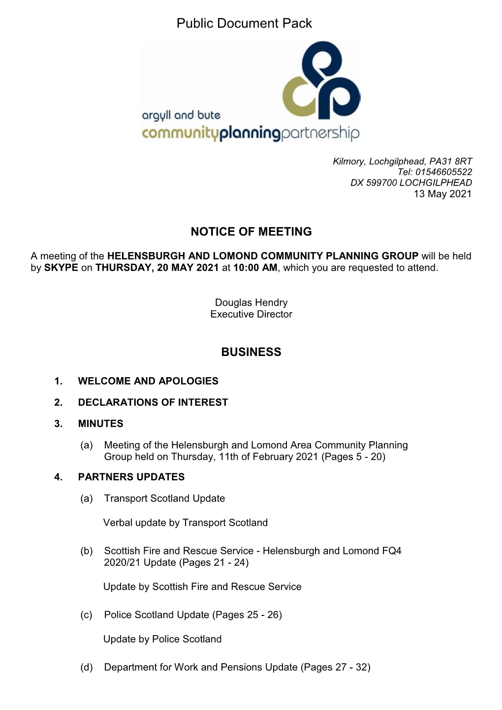 (Public Pack)Agenda Document for Helensburgh and Lomond Community Planning Group, 20/05/2021 10:00