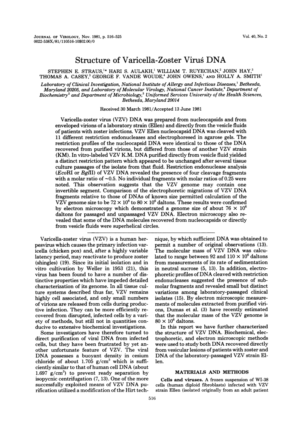 Structure of Varicella-Zoster Virus DNA