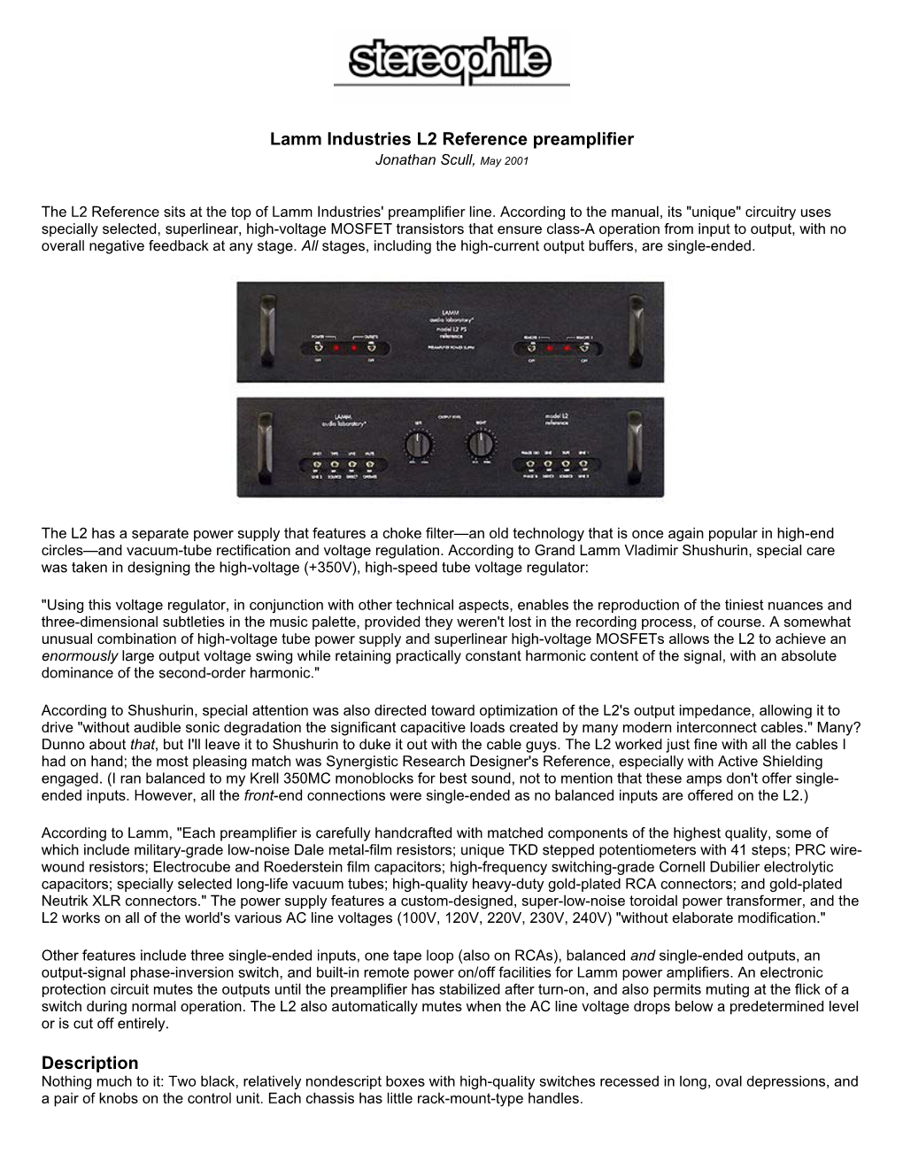 Lamm Industries L2 Reference Preamplifier Jonathan Scull, May 2001