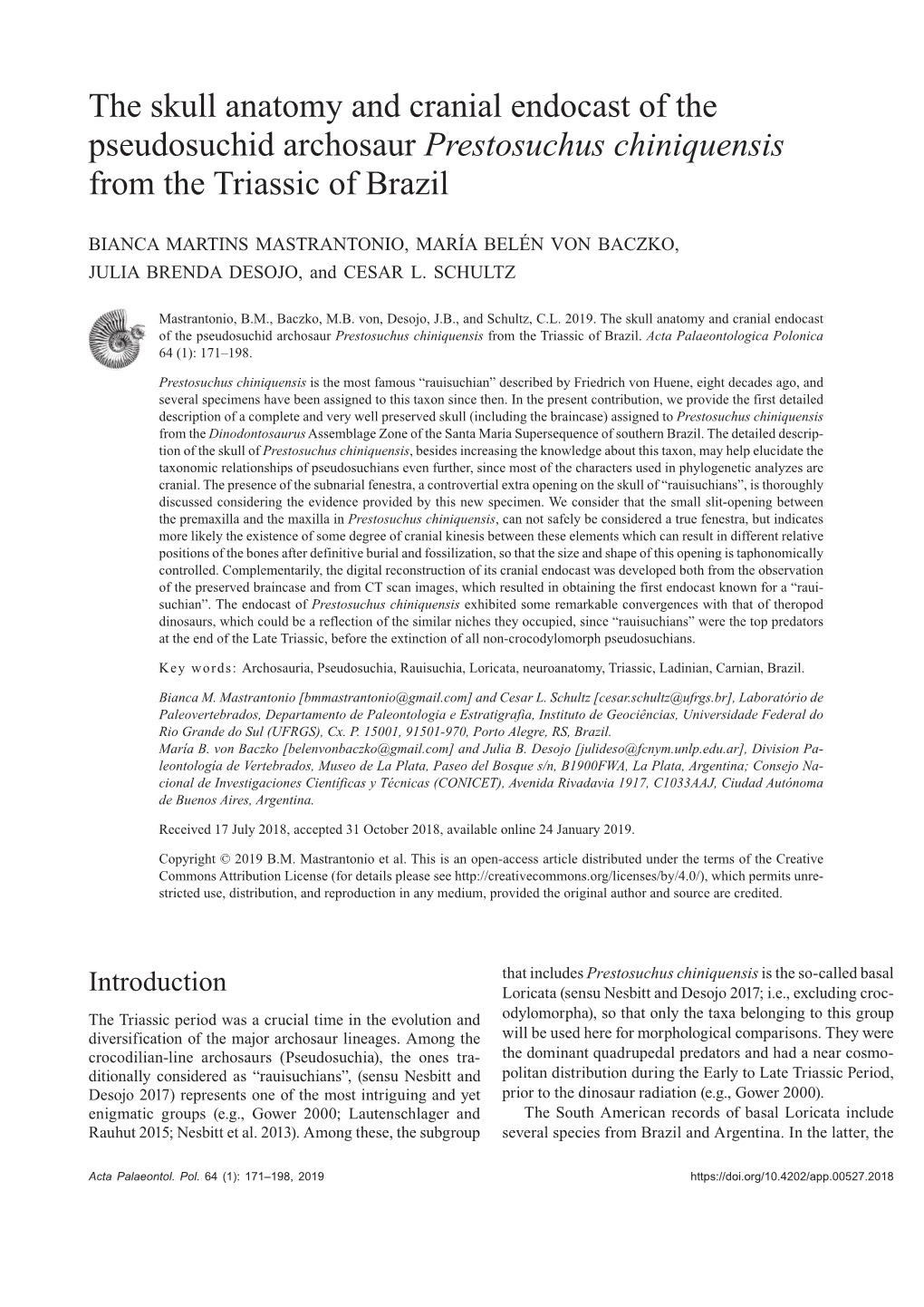 The Skull Anatomy and Cranial Endocast of the Pseudosuchid Archosaur Prestosuchus Chiniquensis from the Triassic of Brazil