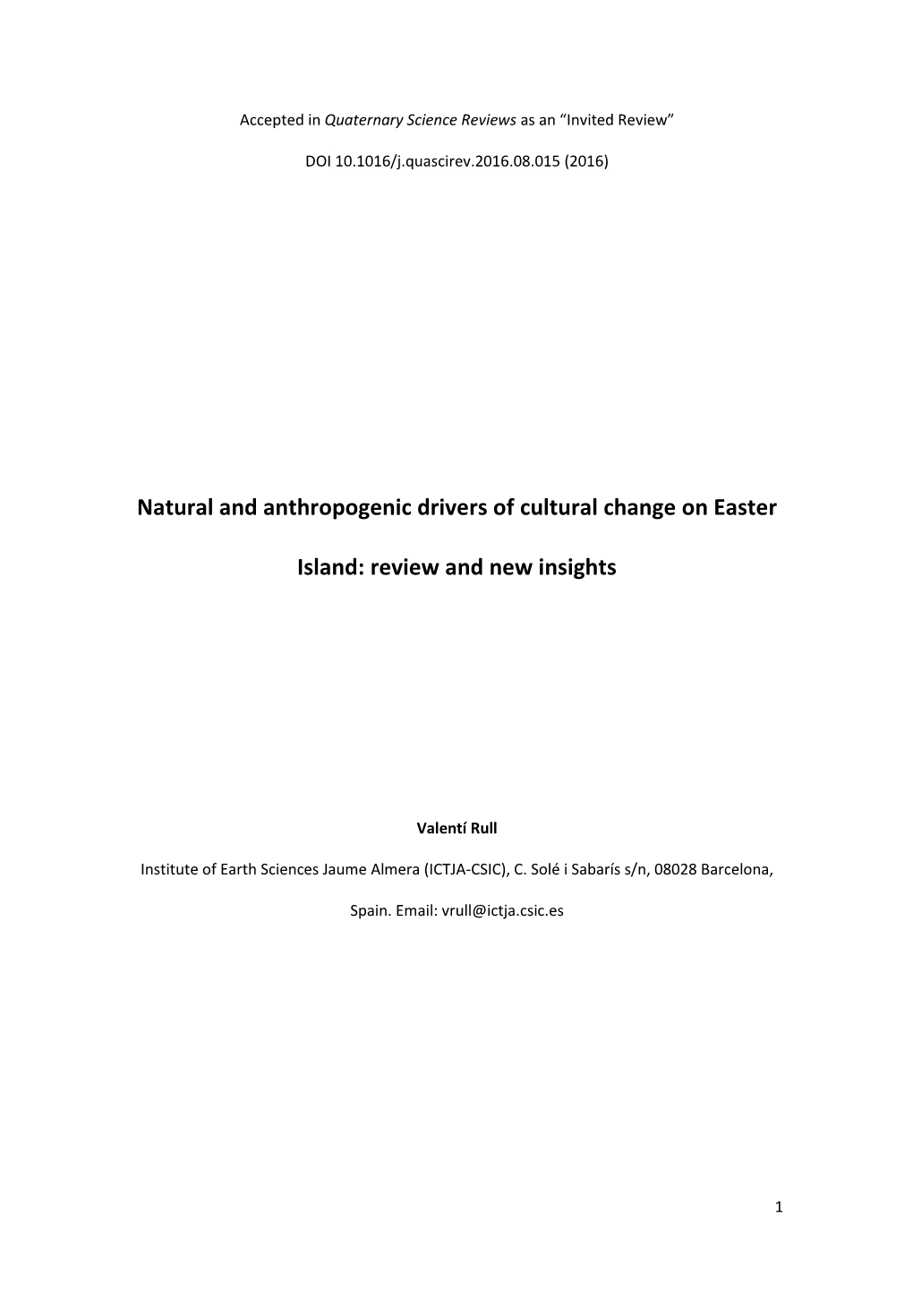 Natural and Anthropogenic Drivers of Cultural Change on Easter Island