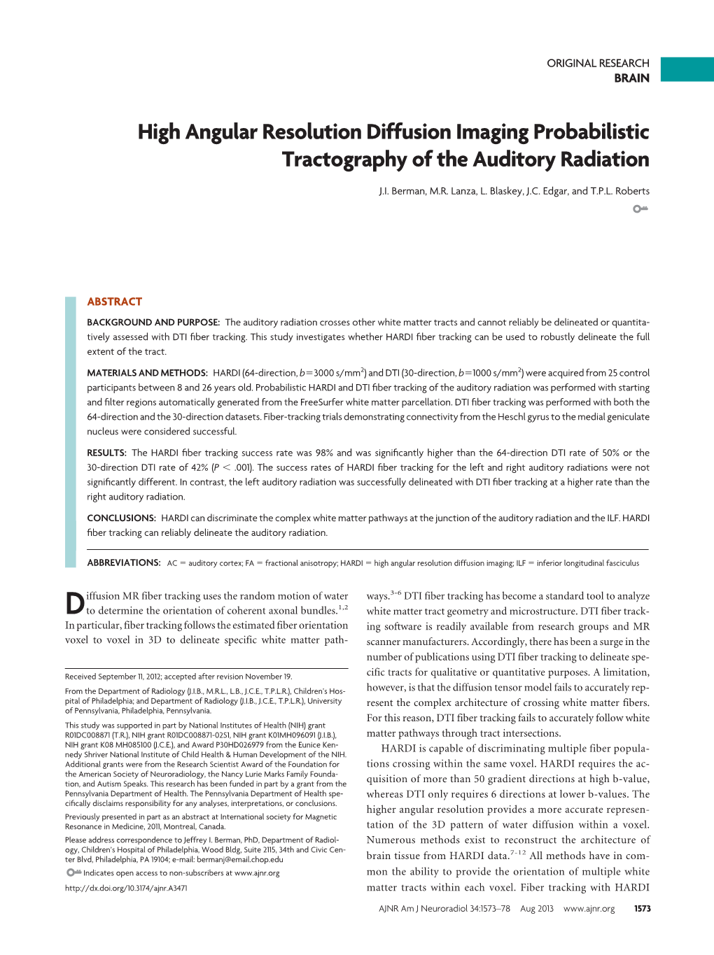 High Angular Resolution Diffusion Imaging Probabilistic Tractography of the Auditory Radiation