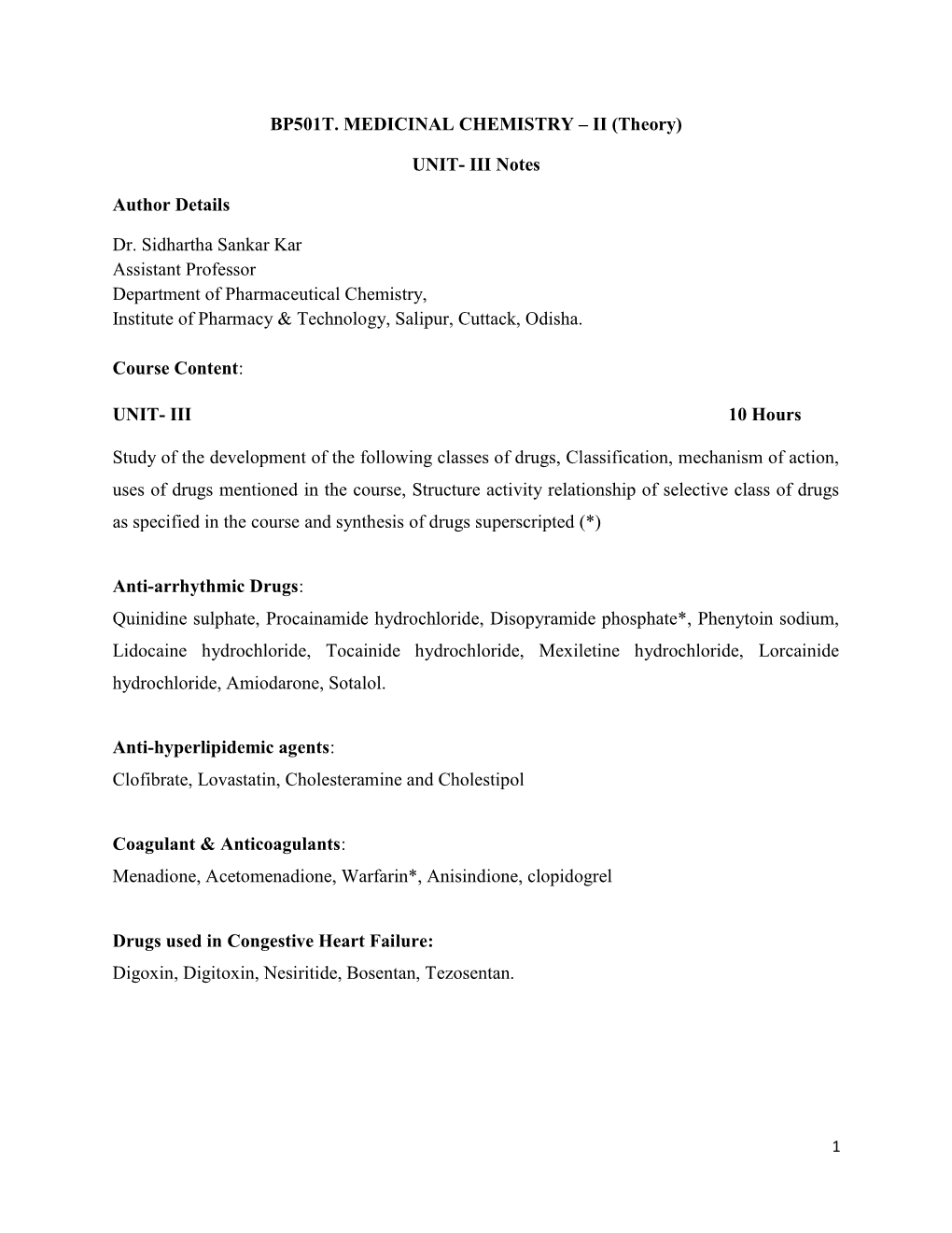 BP501T. MEDICINAL CHEMISTRY – II (Theory)