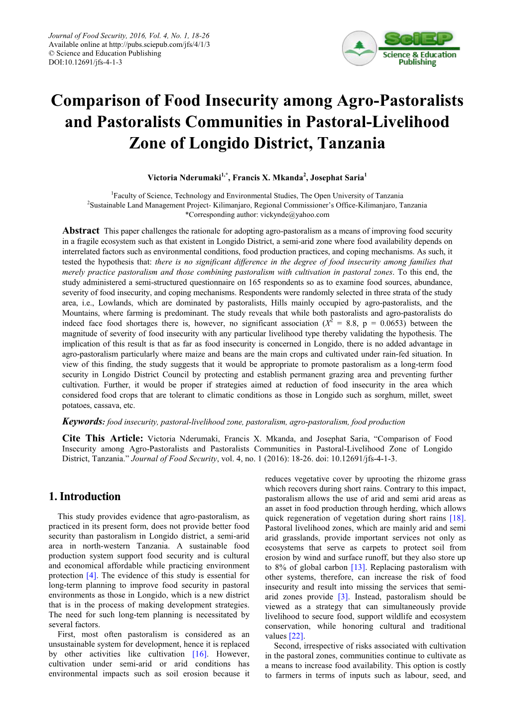 Comparison of Food Insecurity Among Agro-Pastoralists and Pastoralists Communities in Pastoral-Livelihood Zone of Longido District, Tanzania