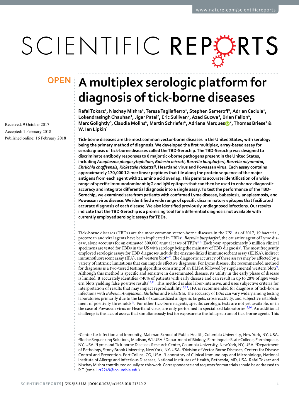 A Multiplex Serologic Platform for Diagnosis of Tick-Borne Diseases