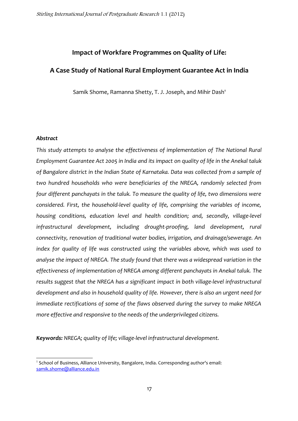 Impact of Workfare Programmes on Quality of Life: a Case Study Of