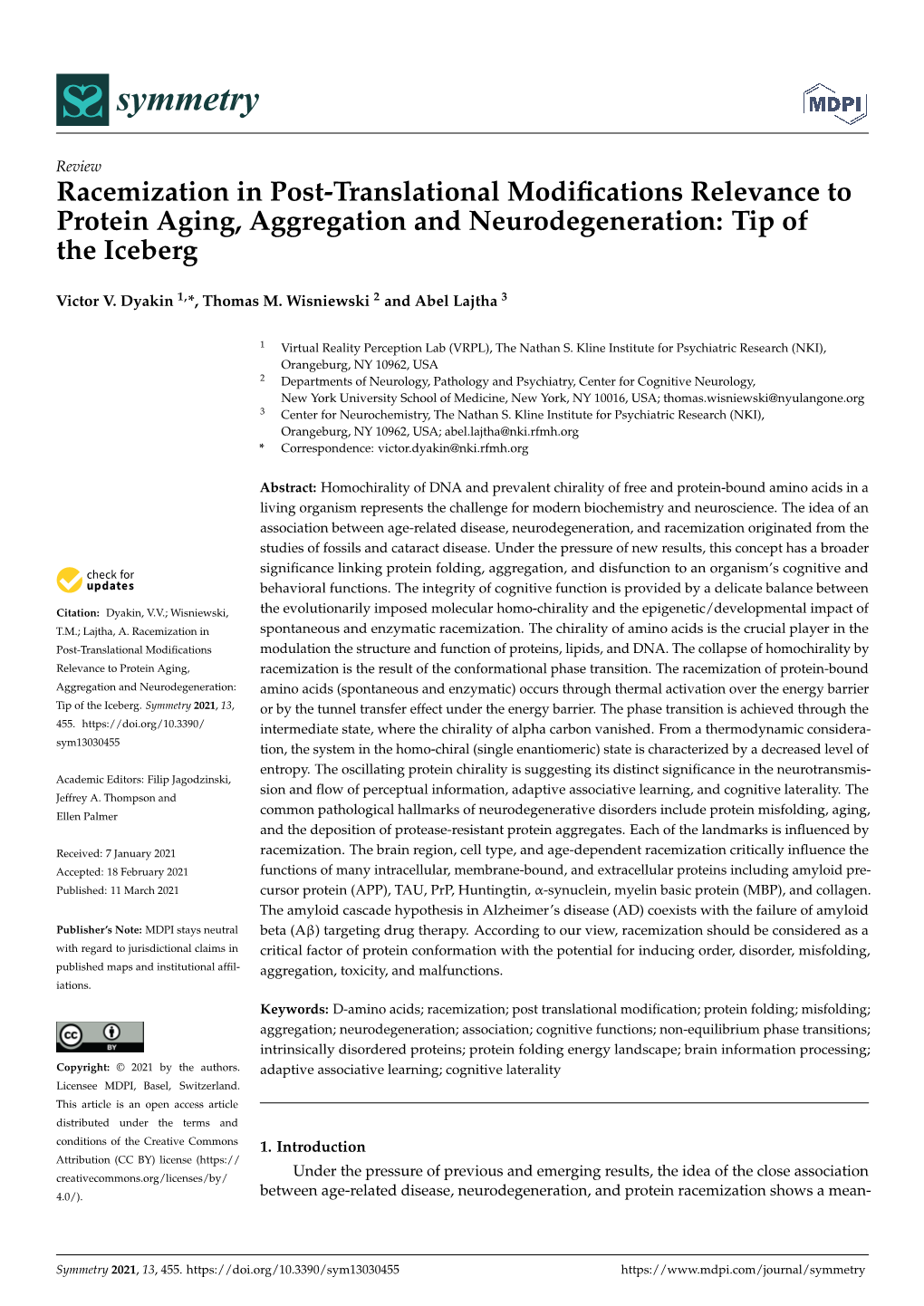 Racemization in Post-Translational Modifications Relevance To