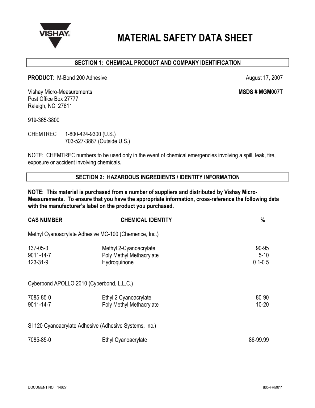 Material Safety Data Sheet Is from Manufacturers of the Original Components