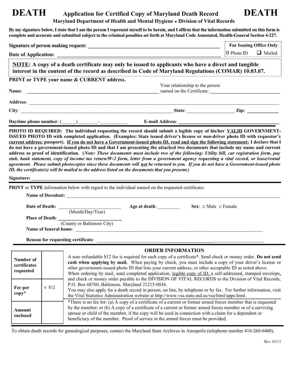 DEATH Application for Certified Copy of Maryland Death Record DEATH