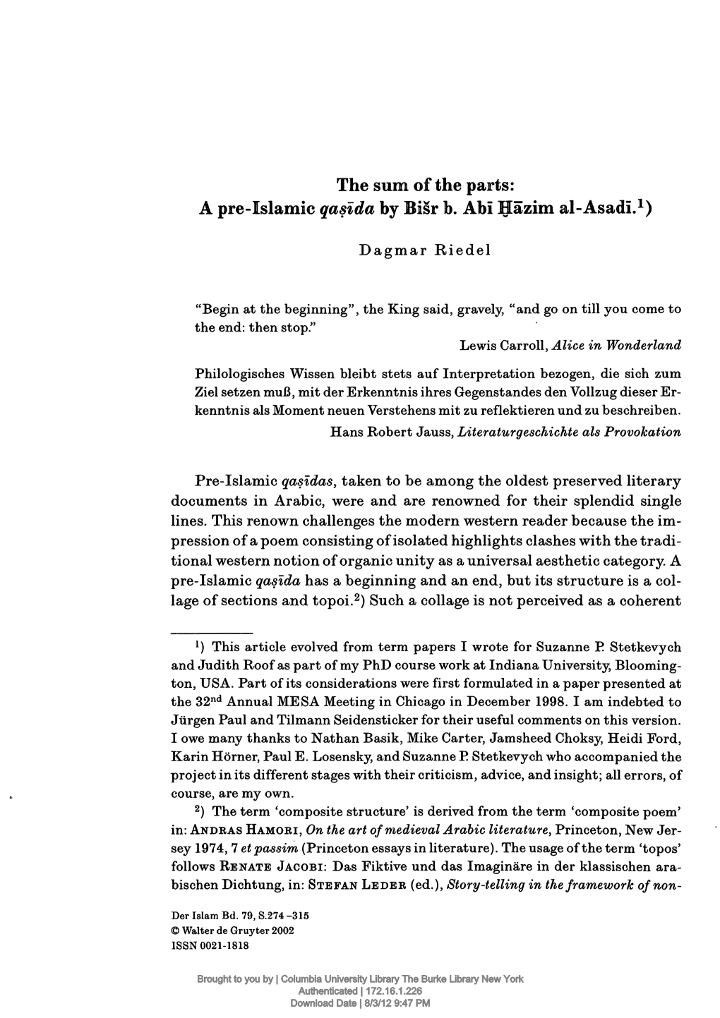 A Pre-Islamic Qasida by Bisr B. Abi Häzim Al-Asadl1)