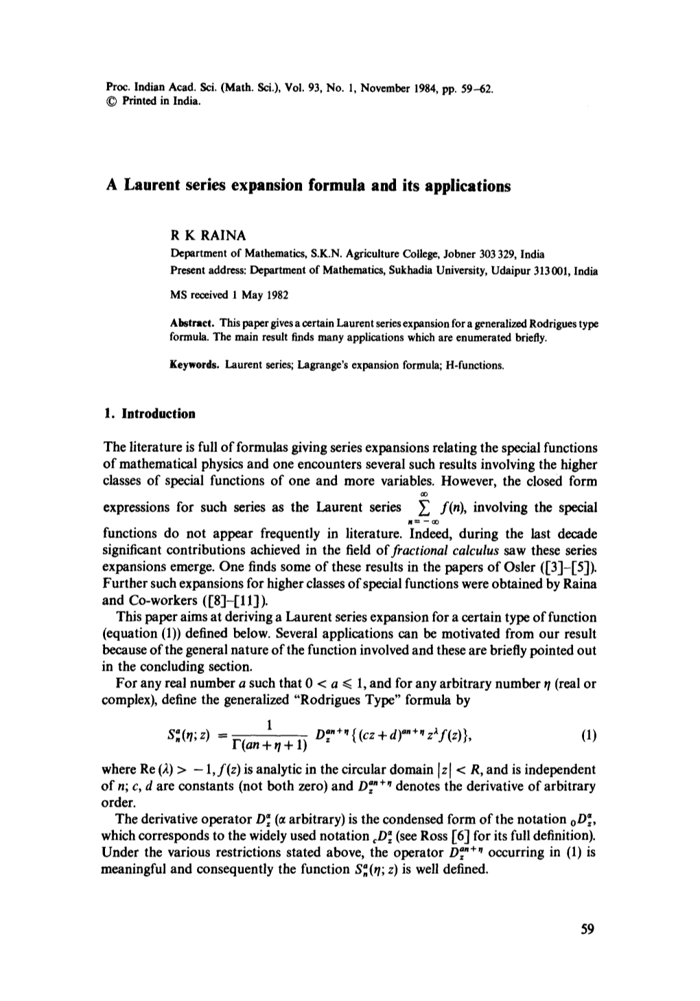 A Laurent Series Expansion Formula and Its Applications