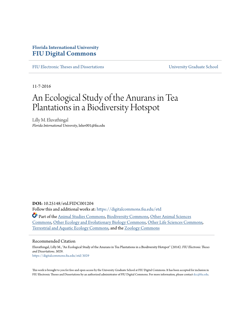 An Ecological Study of the Anurans in Tea Plantations in a Biodiversity Hotspot Lilly M