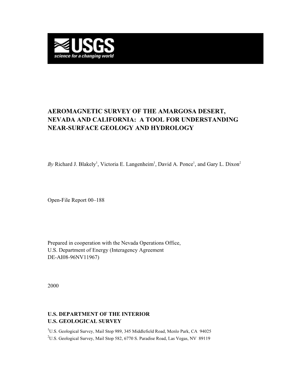 Aeromagnetic Survey of the Amargosa Desert, Nevada and California: a Tool for Understanding Near-Surface Geology and Hydrology