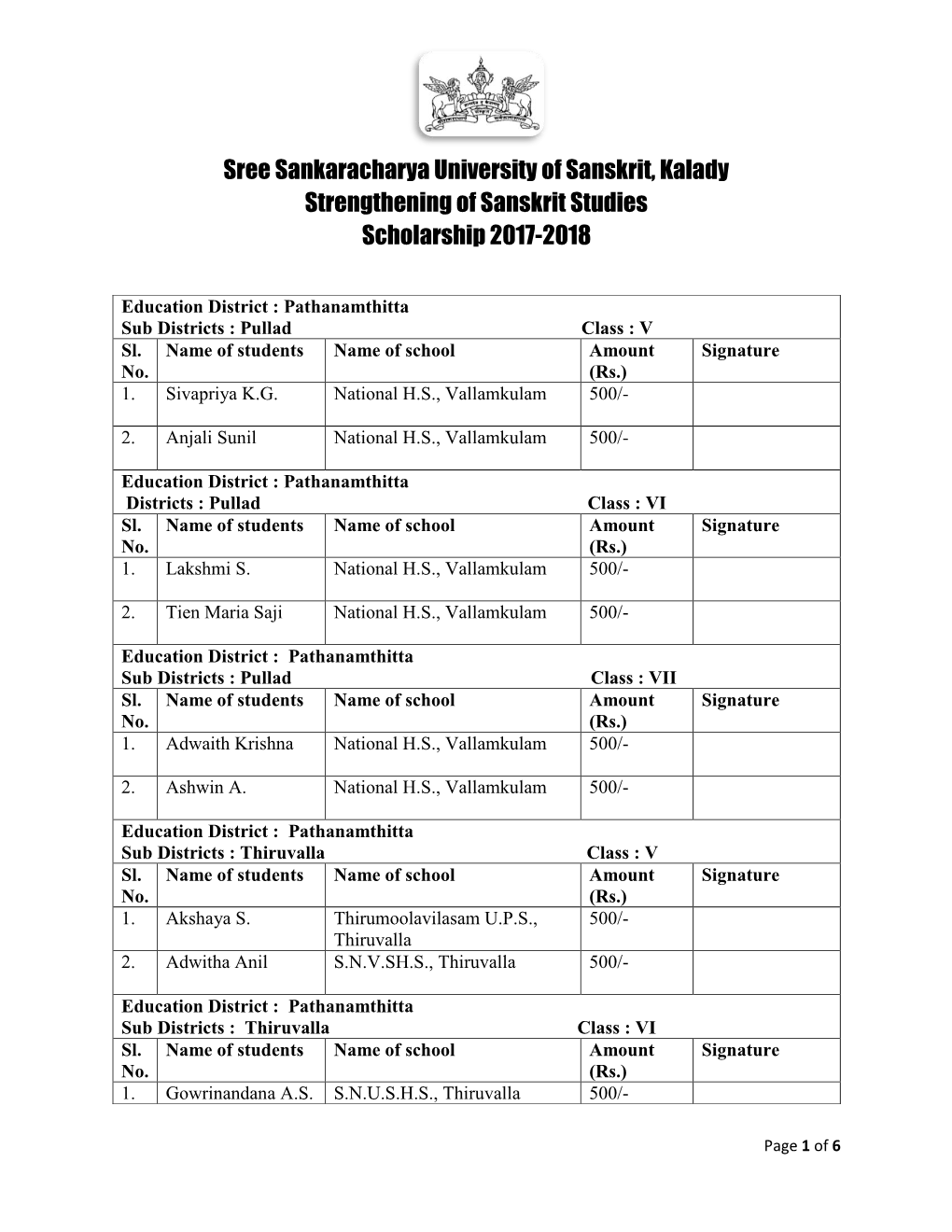 Sree Sankaracharya University of Sanskrit, Kalady Strengthening of Sanskrit Studies Scholarship 2017-2018