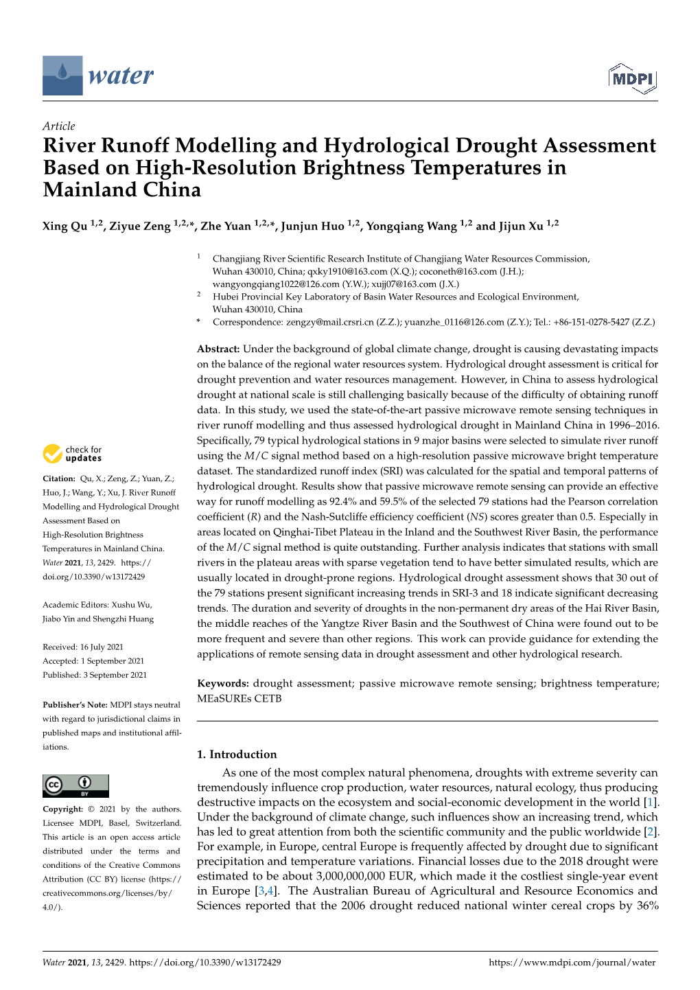 River Runoff Modelling and Hydrological Drought Assessment Based on High-Resolution Brightness Temperatures in Mainland China