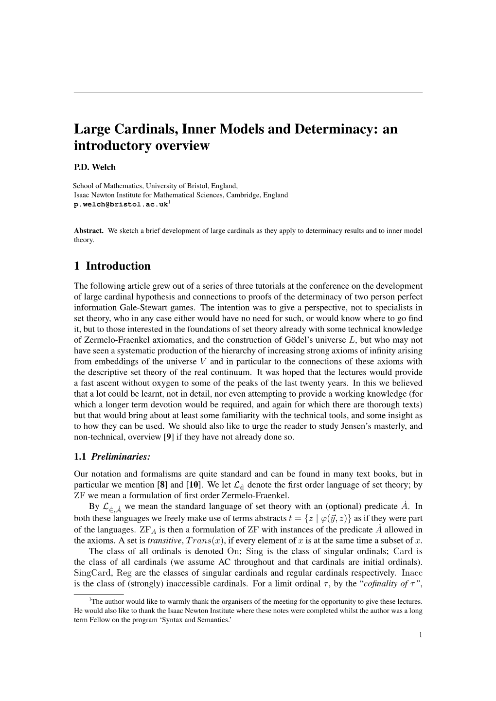 Large Cardinals, Inner Models and Determinacy: an Introductory Overview