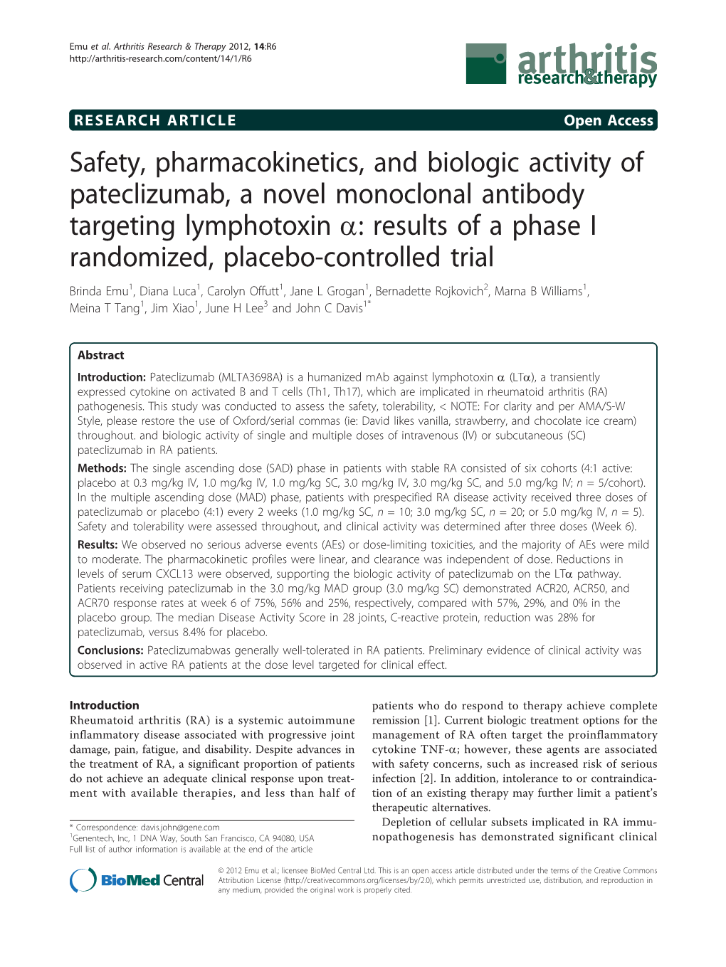 Safety, Pharmacokinetics, and Biologic Activity of Pateclizumab, a Novel