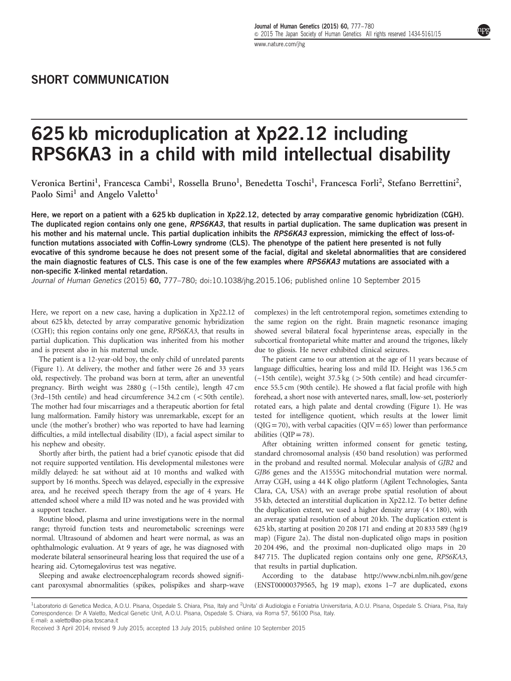 Kb Microduplication at Xp22.12 Including RPS6KA3 in a Child with Mild Intellectual Disability