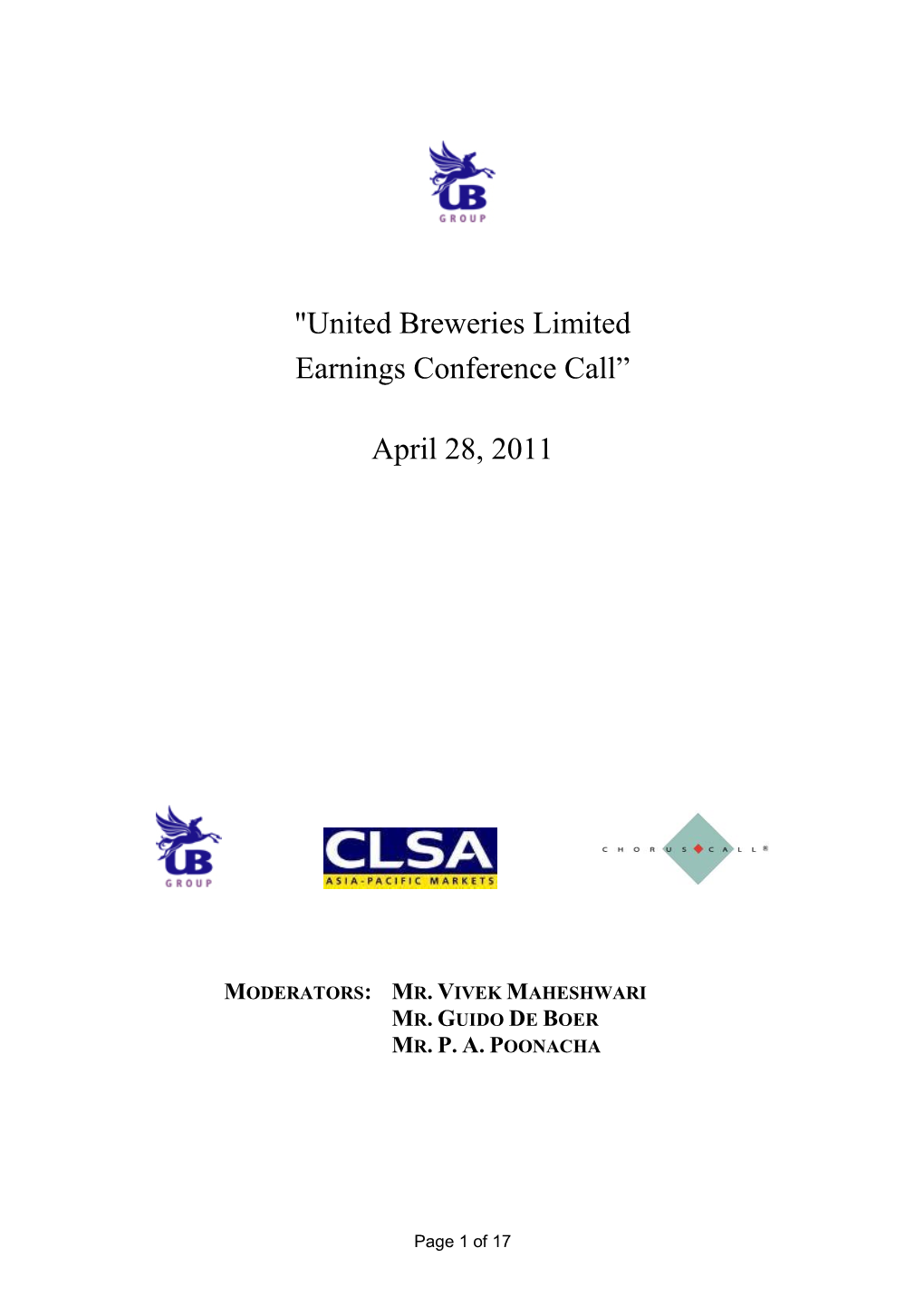 "United Breweries Limited Earnings Conference Call” April 28, 2011