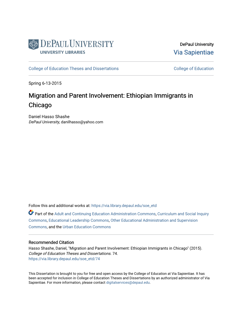 Migration and Parent Involvement: Ethiopian Immigrants in Chicago