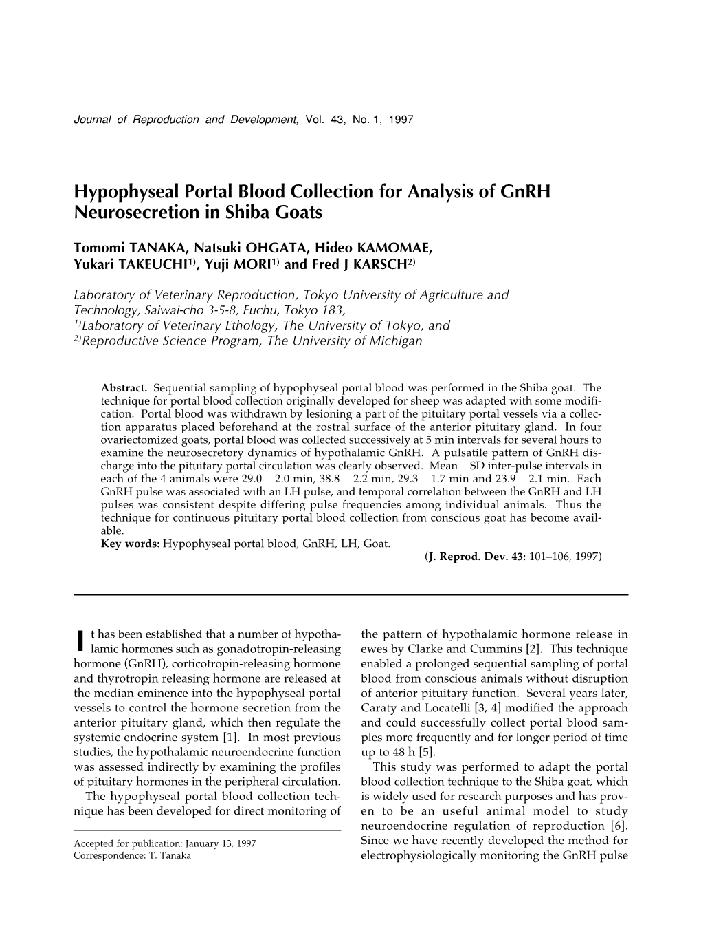 Hypophyseal Portal Blood Collection for Analysis of Gnrh Neurosecretion in Shiba Goats