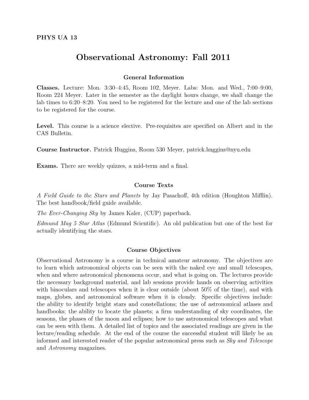 Observational Astronomy: Fall 2011