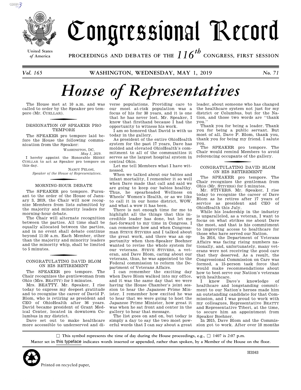 Congressional Record United States Th of America PROCEEDINGS and DEBATES of the 116 CONGRESS, FIRST SESSION