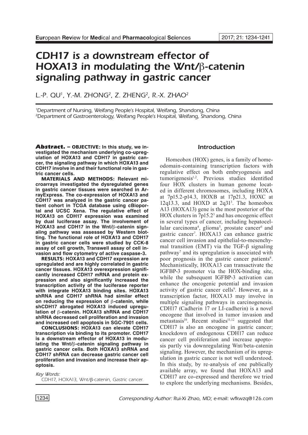 CDH17, HOXA13 and Wnt/B-Catenin in Gastric Cancer
