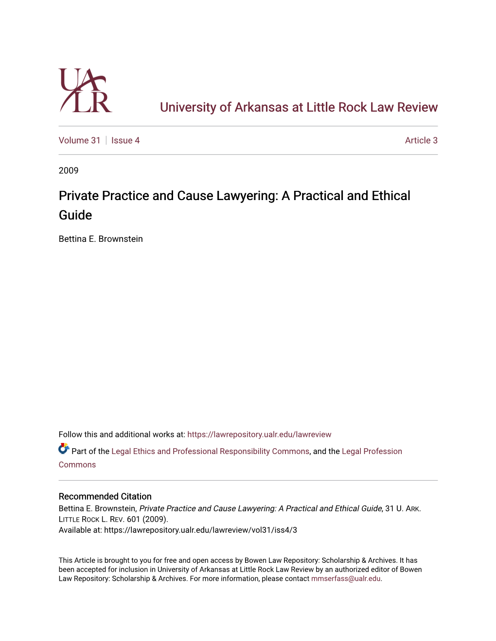 Private Practice and Cause Lawyering: a Practical and Ethical Guide