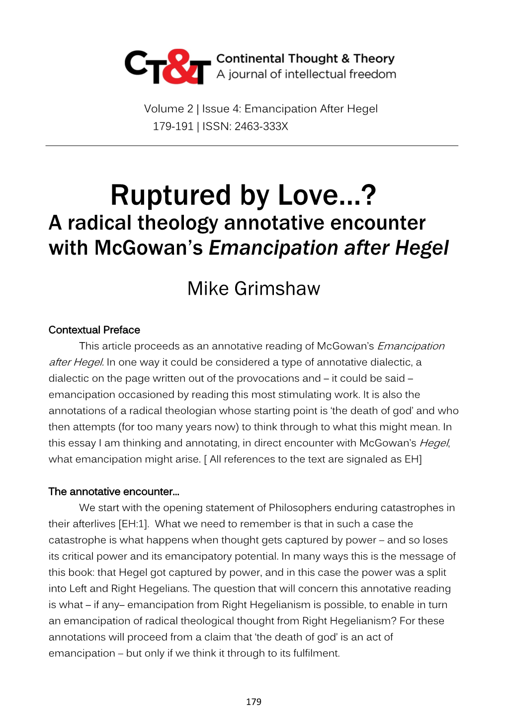 Ruptured by Love…? a Radical Theology Annotative Encounter with Mcgowan’S Emancipation After Hegel