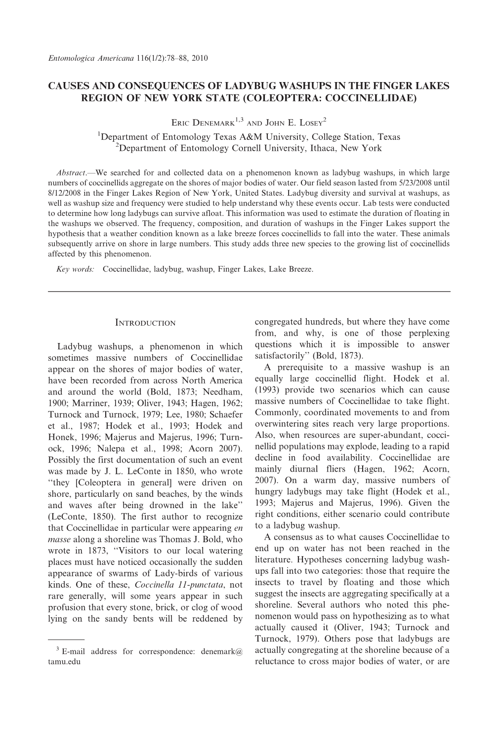 Causes and Consequences of Ladybug Washups in the Finger Lakes Region of New York State (Coleoptera: Coccinellidae)