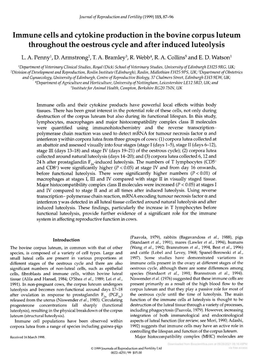 Immune Cells and Cytokine Productionin the Bovine Corpus Luteum