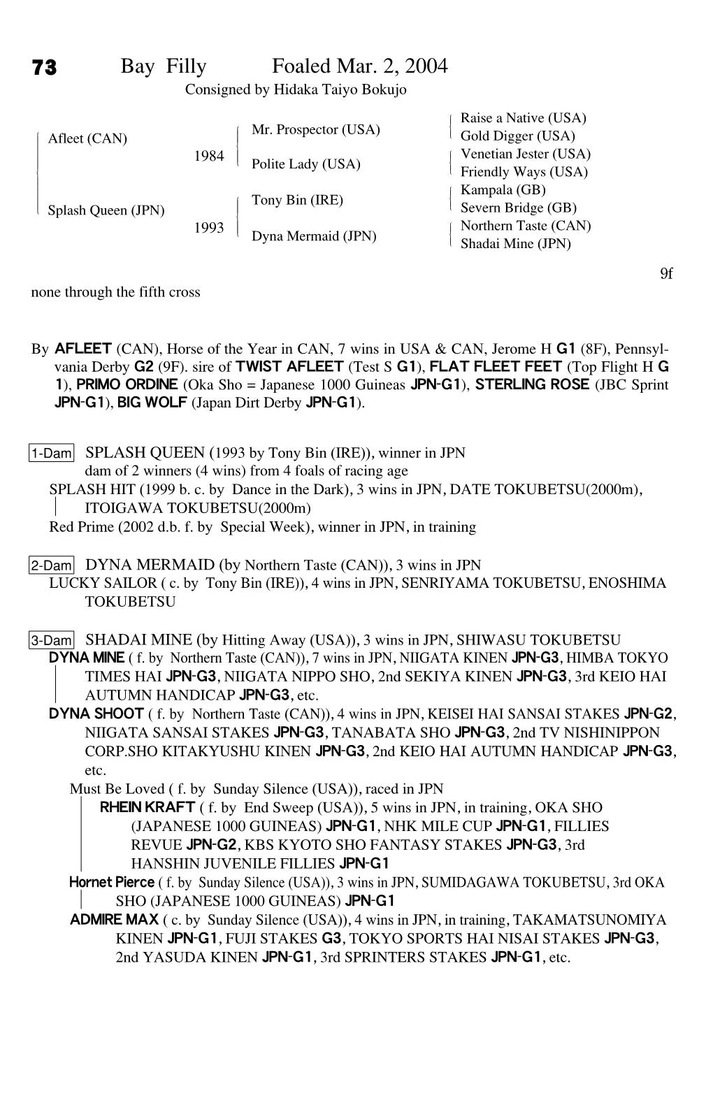 73 Bay Filly Foaled Mar. 2, 2004 Consigned by Hidaka Taiyo Bokujo Raise a Native (USA) # $ Mr