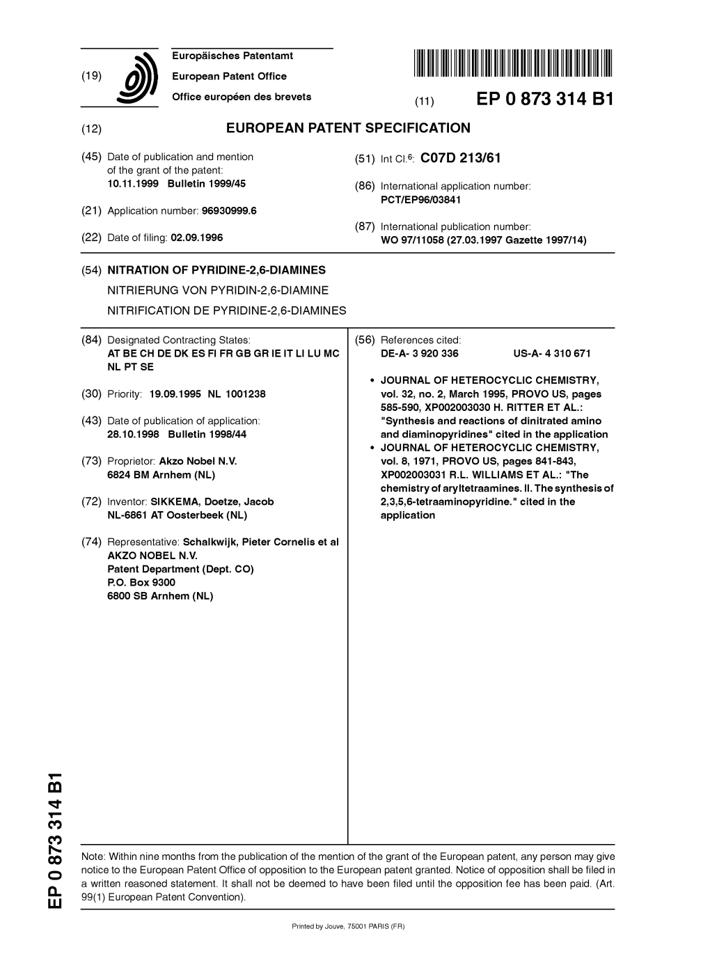 Nitration of Pyridine-2,6-Diamines Nitrierung Von Pyridin-2,6-Diamine Nitrification De Pyridine-2.6-Di Amines