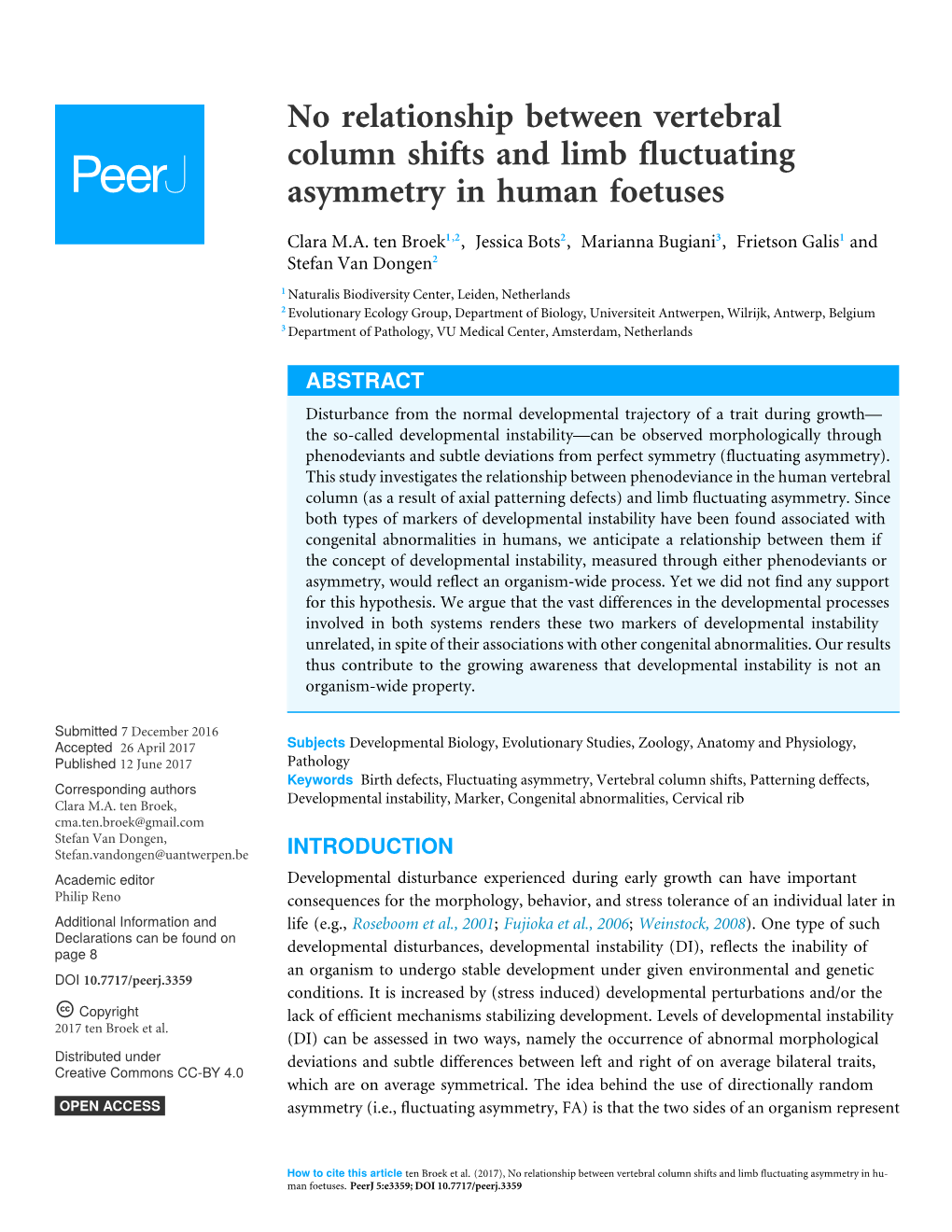 No Relationship Between Vertebral Column Shifts and Limb Fluctuating Asymmetry in Human Foetuses