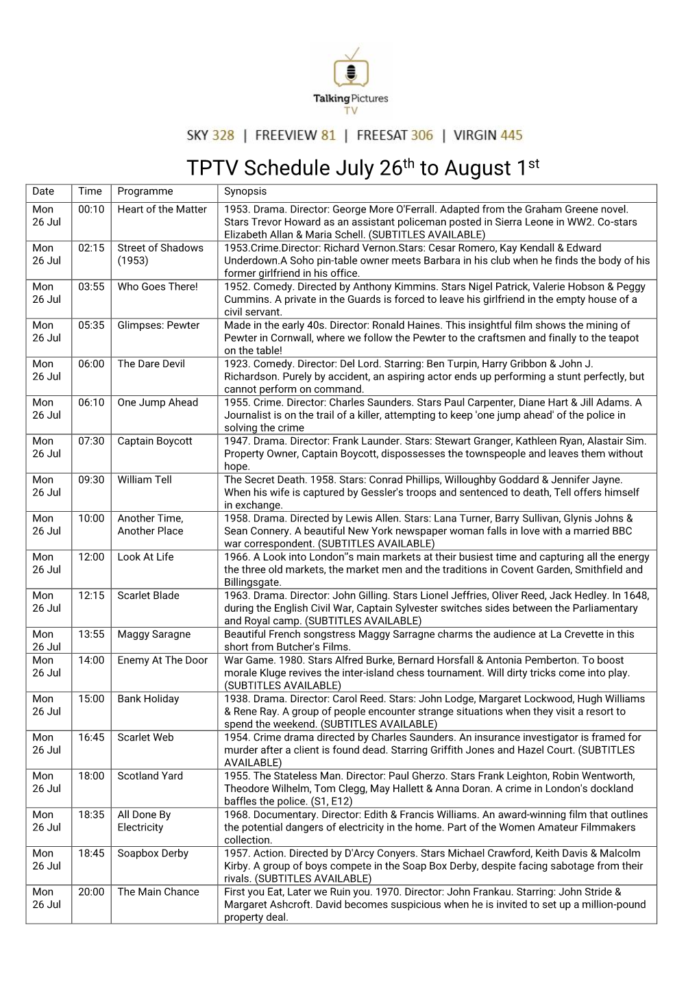 TPTV Schedule July 26Th to August 1St Date Time Programme Synopsis Mon 00:10 Heart of the Matter 1953