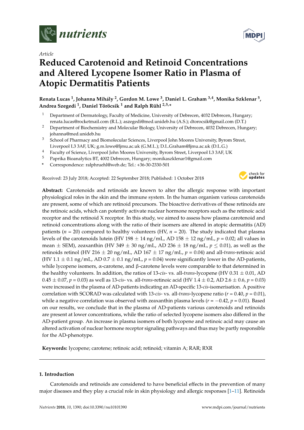 Reduced Carotenoid and Retinoid Concentrations and Altered Lycopene Isomer Ratio in Plasma of Atopic Dermatitis Patients