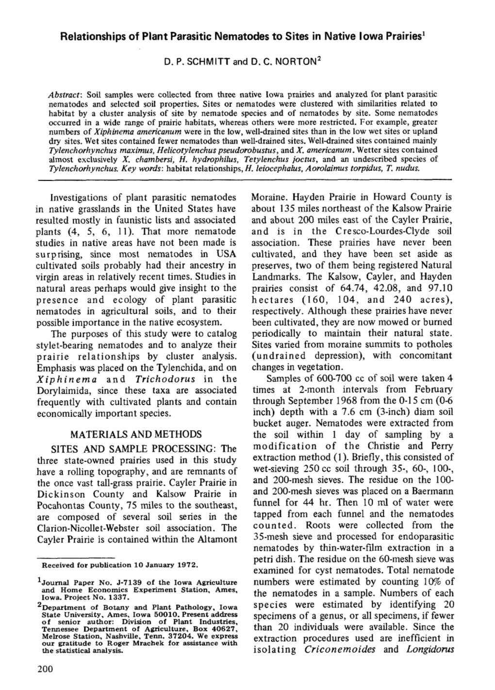 Relationships of Plant Parasitic Nematodes to Sites in Native Iowa Prairies ~