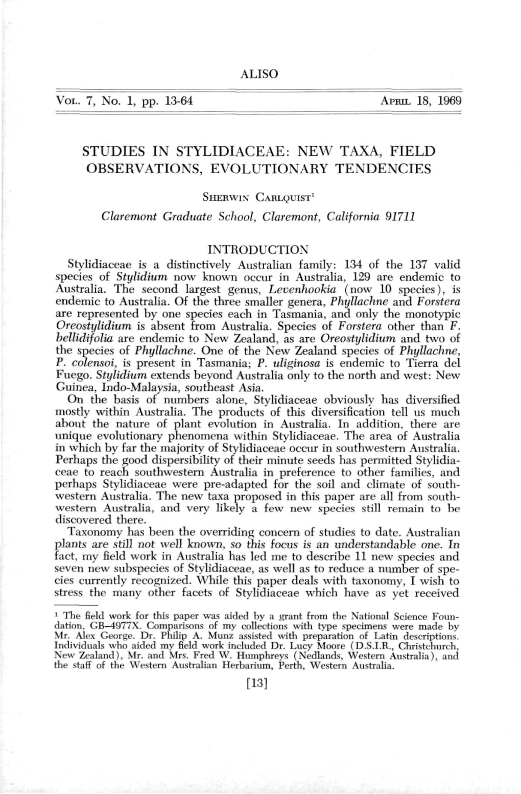 Aliso Studies in Stylidiaceae