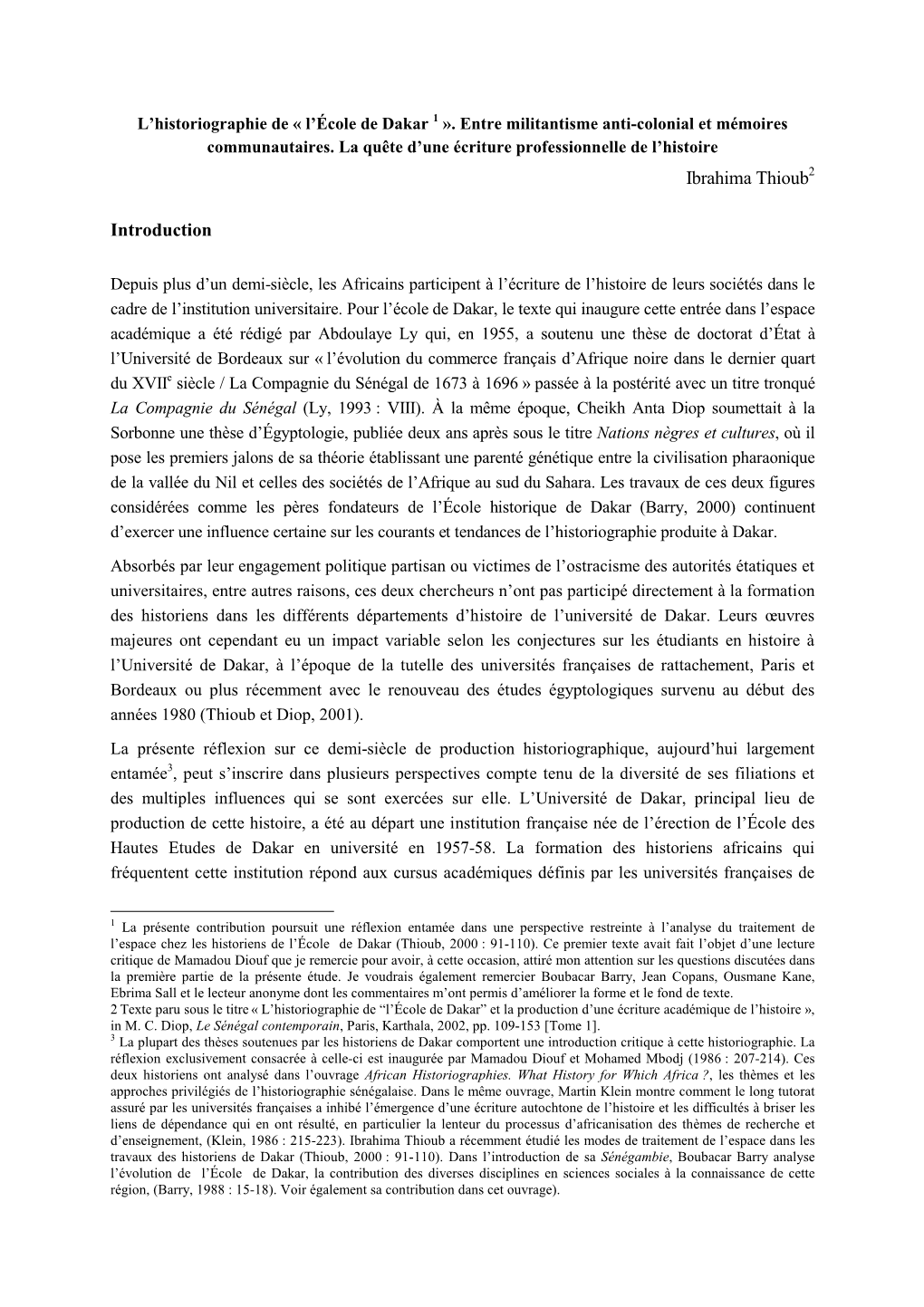 L'historiographie De « L'école De Dakar 1 »