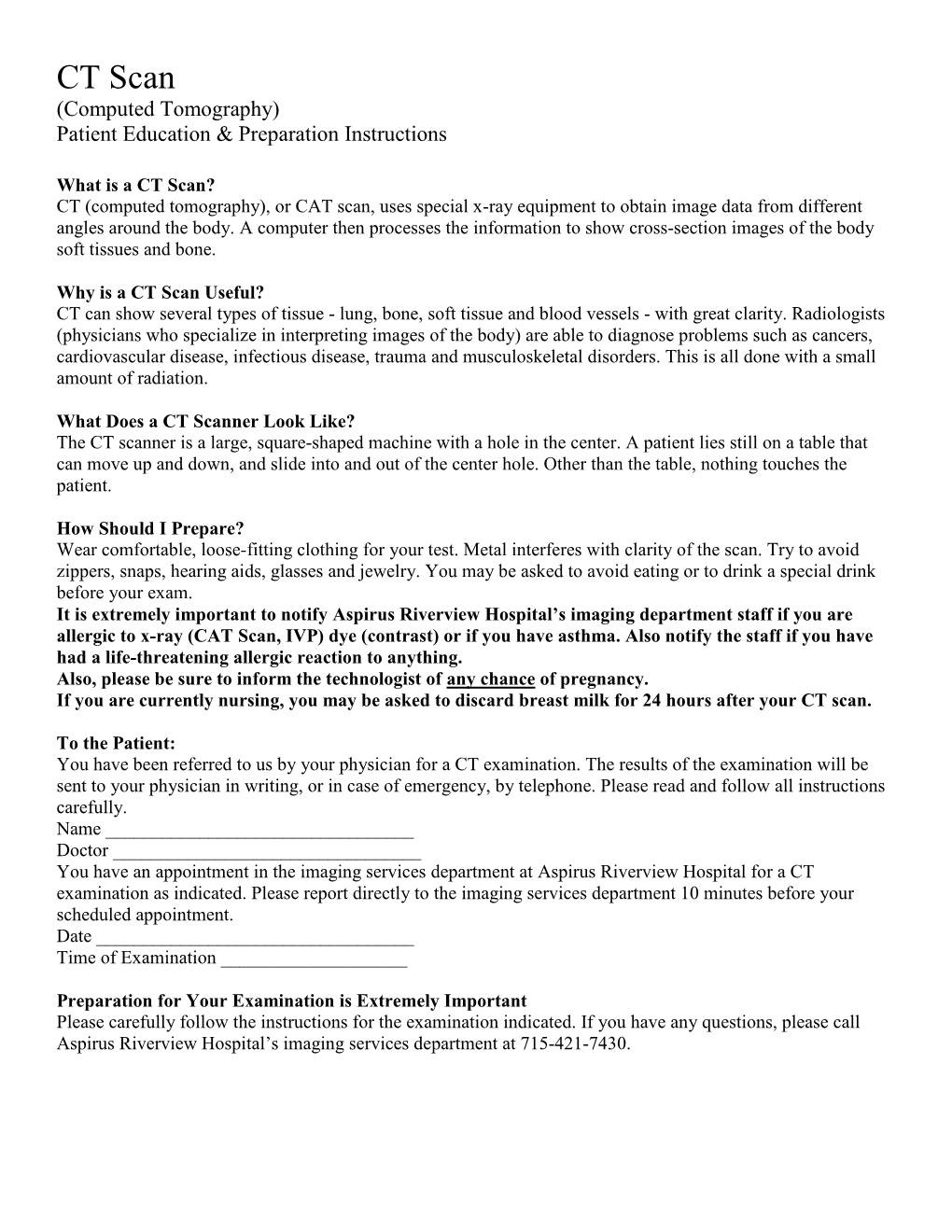 CT Scan (Computed Tomography) Patient Education & Preparation Instructions