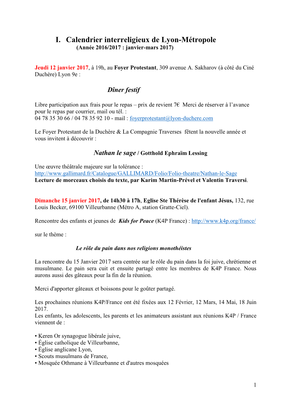 I. Calendrier Interreligieux De Lyon-Métropole (Année 2016/2017 : Janvier-Mars 2017)