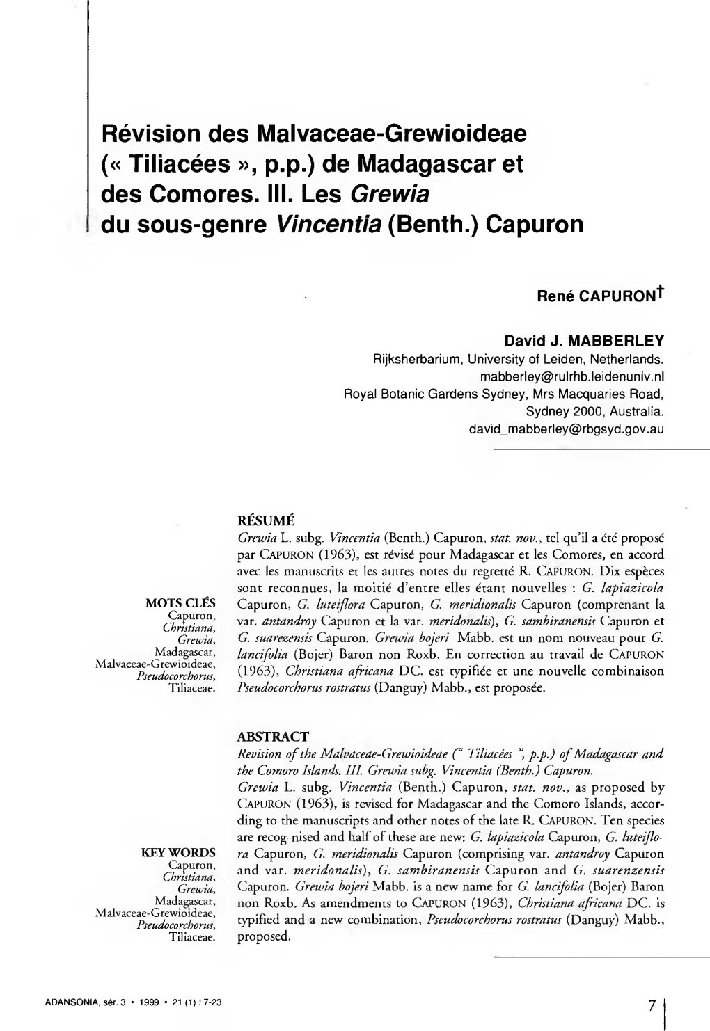 Révision Des Malvaceae-Grewioideae (« Tiliacées », P.P.) De Madagascar Et Des Comores
