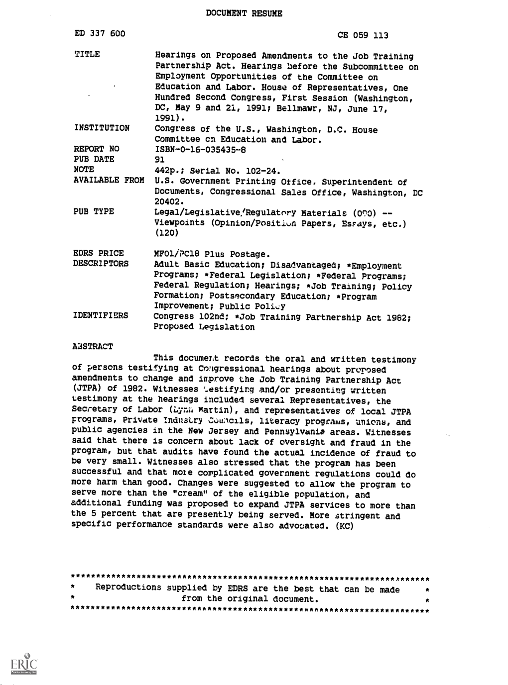 Public Polly IDENTIFIERS Congress 102Nd; *Job Training Partnership Act 1982; Proposed Legislation